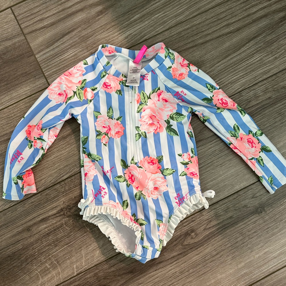 Betsey Johnson Blue and Pink Floral Kids Swim One Piece